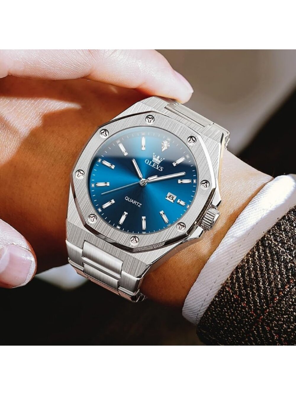 Men's Silver Blue Luxury Stainless Steel Octagon Analog Quartz Waterproof Watch - Picture 2 of 6